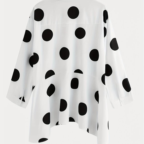 Polka Dot Print Dipped Hem Casual Button Front Long Sleeve Blouse - Picture 5 of 7